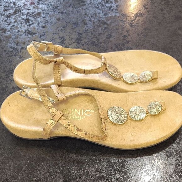 Vionic Tan and Gold Sandals with Metallic Embellishments - Picture 3 of 6